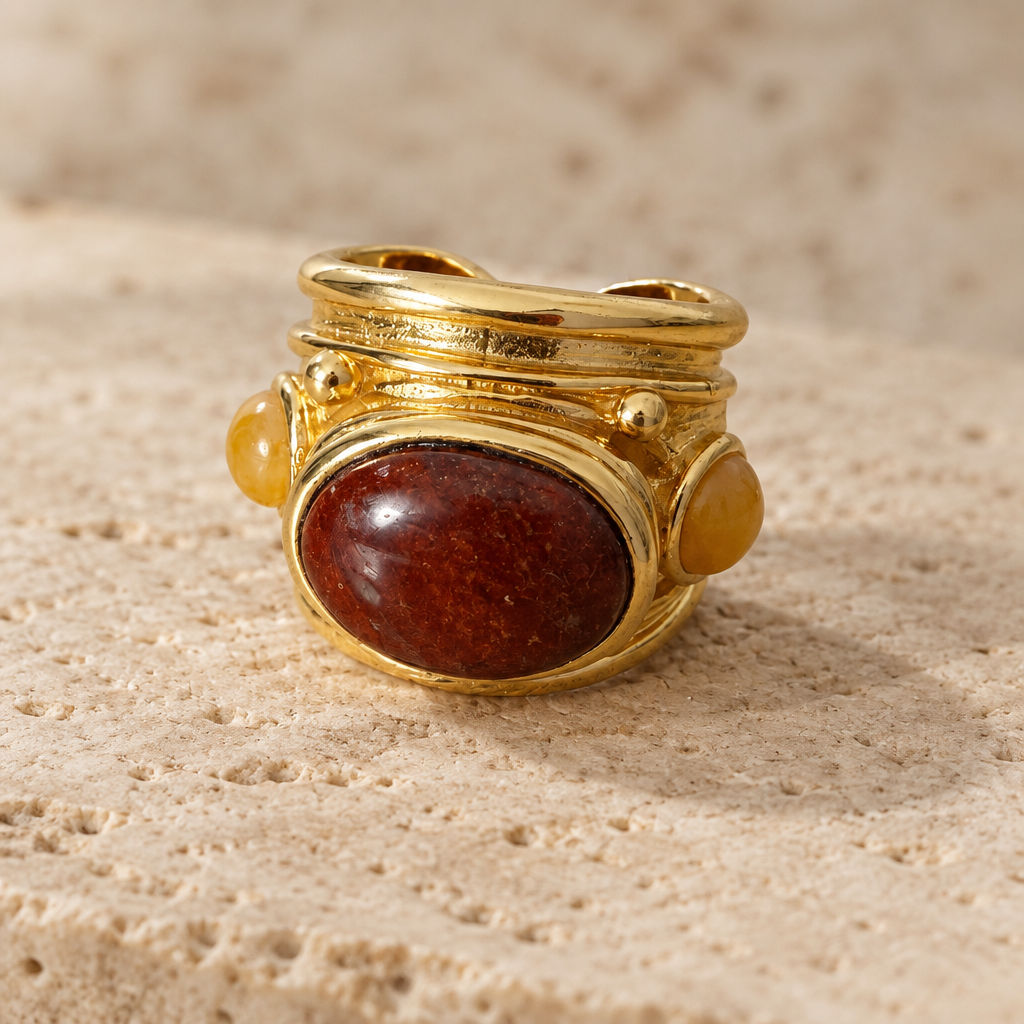 GAS BIJOUX - BAGUE SIMONE DORÉE - JASPE ROUGE ET CITRINE - TAILLE M