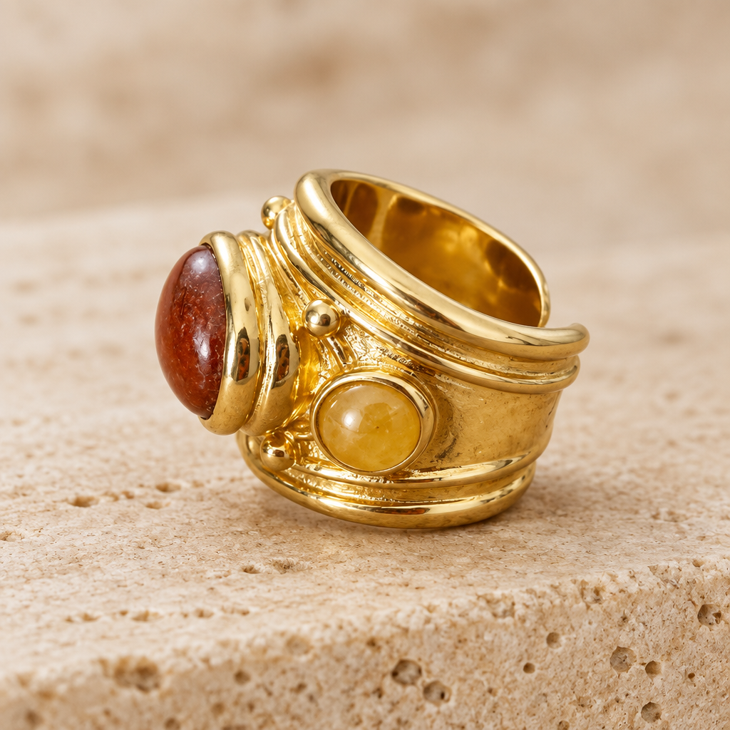 GAS BIJOUX - BAGUE SIMONE DORÉE - JASPE ROUGE ET CITRINE - TAILLE M