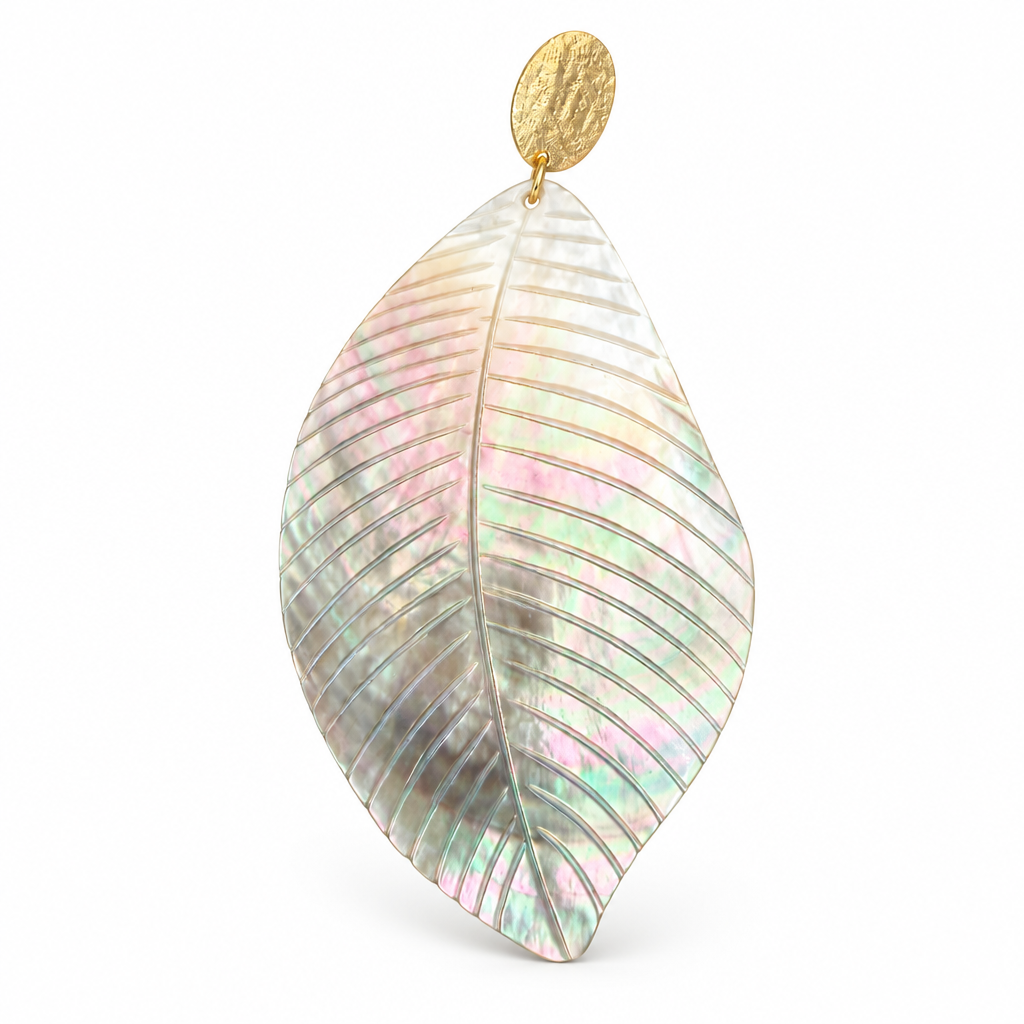 JORGINA - MONO BOUCLES D'OREILLES FEUILLES NACRE GRISE BASE DORÉE