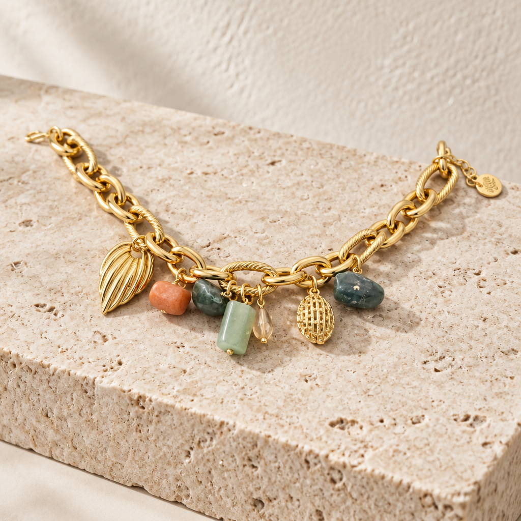 JORGINA - BRACELET PAMPILLES DORÉES - AMAZONITE ET CORNALINE