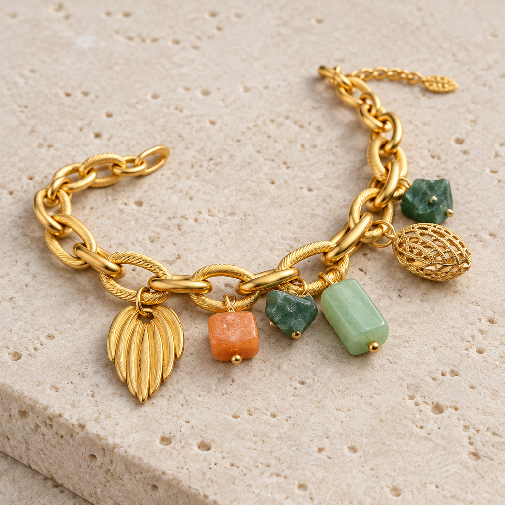 JORGINA - BRACELET PAMPILLES DORÉES - AMAZONITE ET CORNALINE