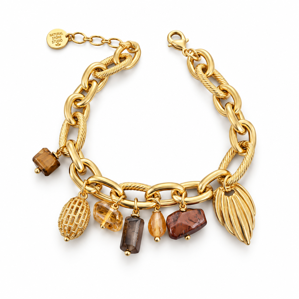 JORGINA - BRACELET PAMPILLES DORÉES - OEIL DE TIGRE ET CITRINE