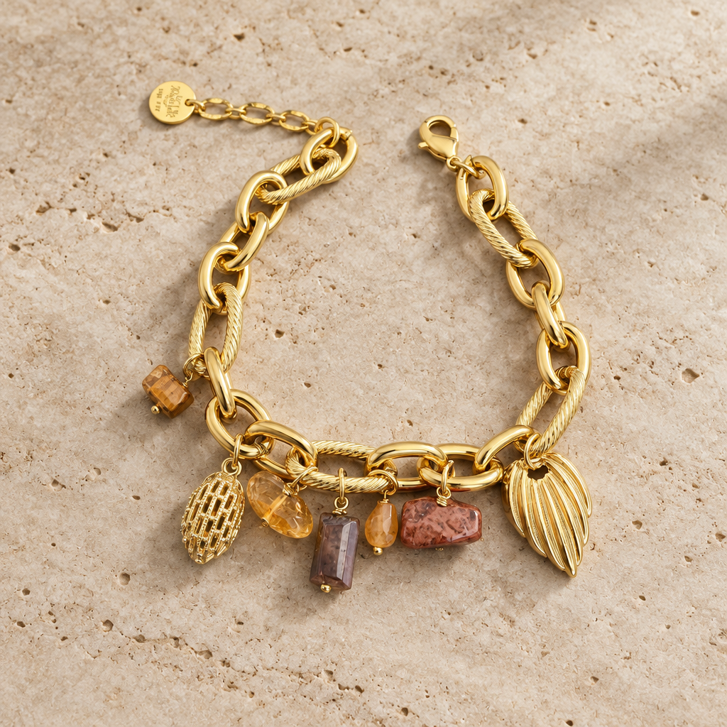 JORGINA - BRACELET PAMPILLES DORÉES - OEIL DE TIGRE ET CITRINE