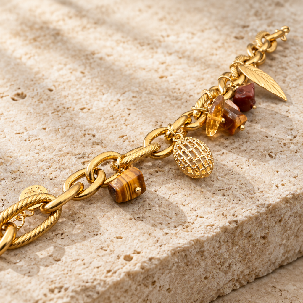 JORGINA - BRACELET PAMPILLES DORÉES - OEIL DE TIGRE ET CITRINE