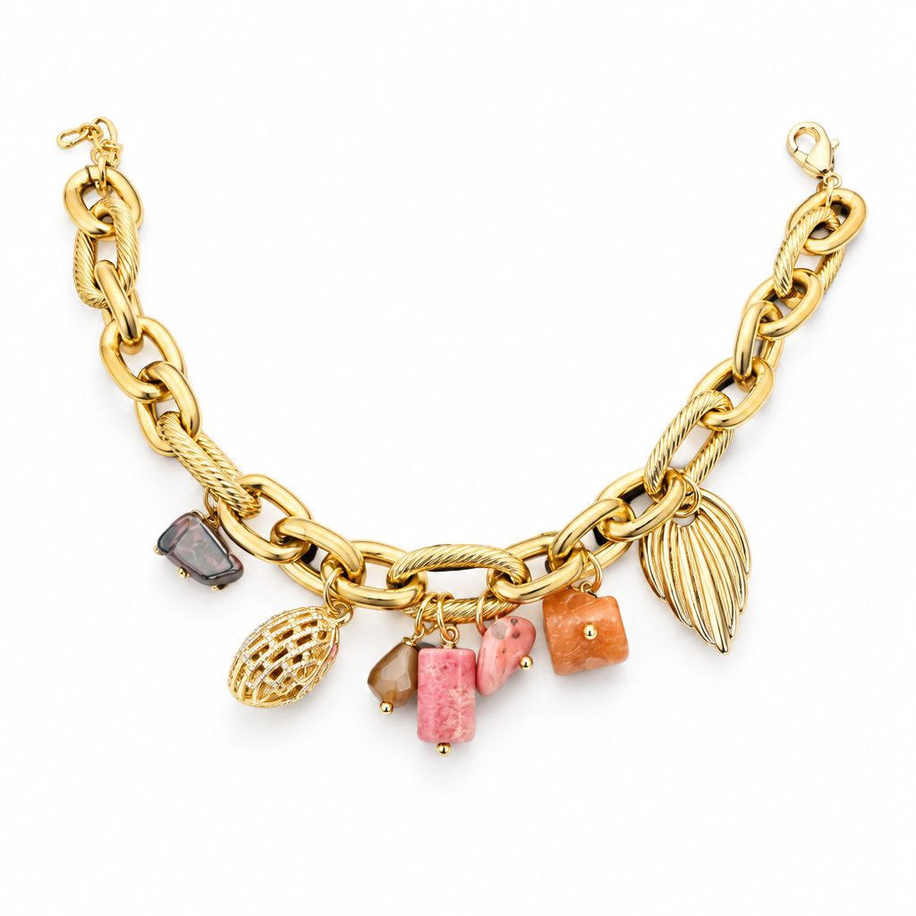 JORGINA - BRACELET PAMPILLES DORÉES - RHODOCRHOSITE ET CORNALINE