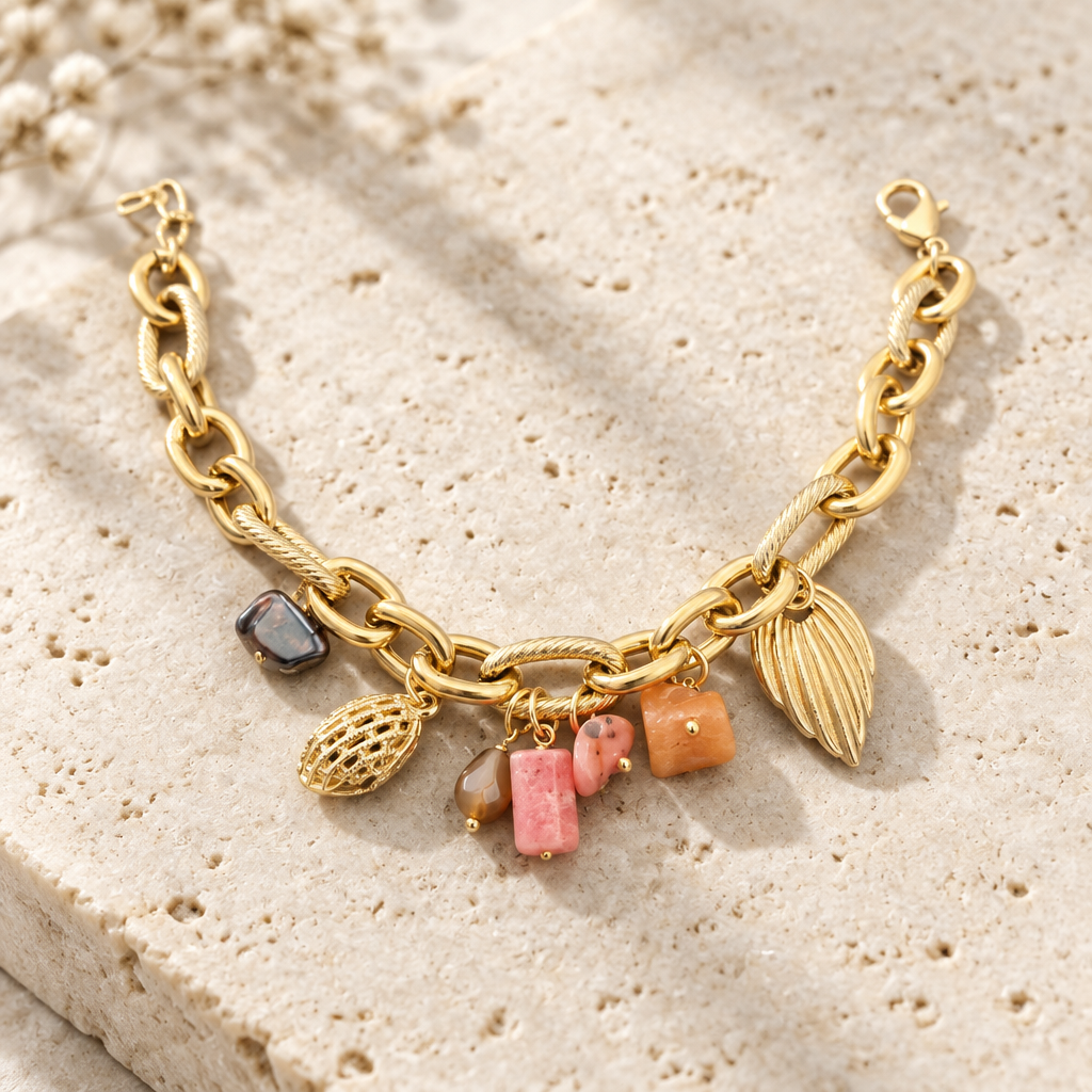 JORGINA - BRACELET PAMPILLES DORÉES - RHODOCRHOSITE ET CORNALINE
