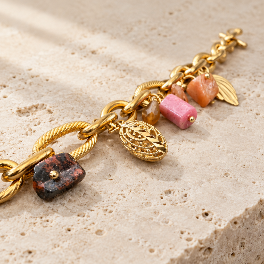 JORGINA - BRACELET PAMPILLES DORÉES - RHODOCRHOSITE ET CORNALINE