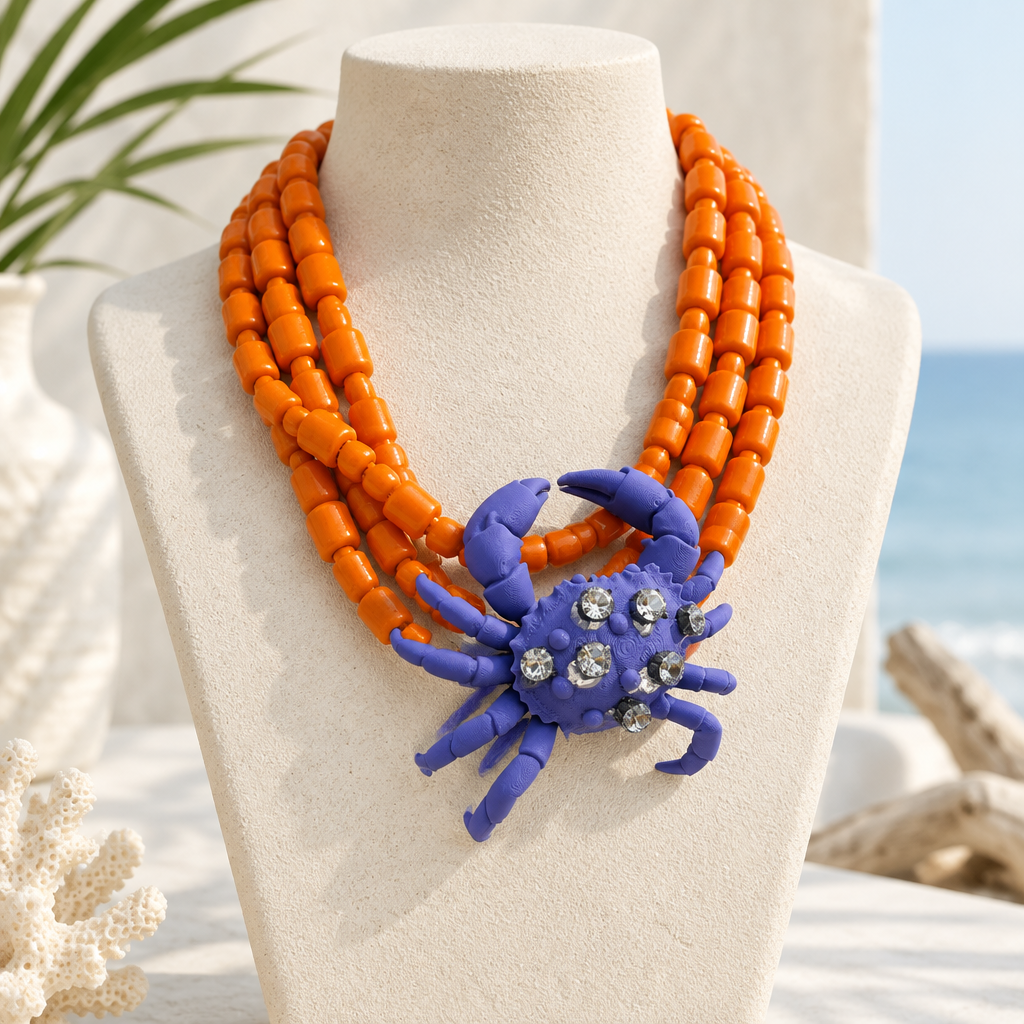 COLLECTION TOPAZE - COLLIER XXL ORANGE ET CRABE MAUVE
