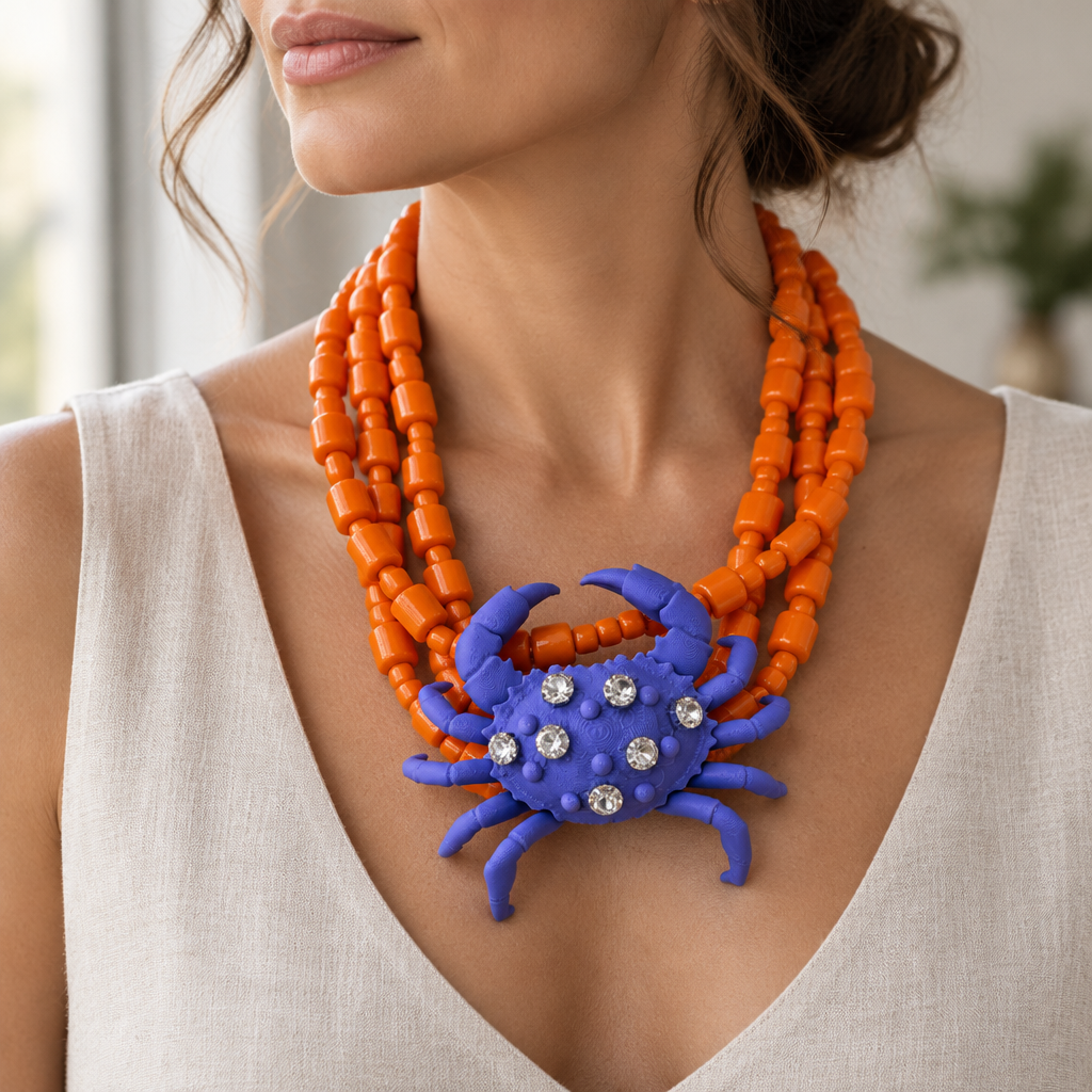 COLLECTION TOPAZE - COLLIER XXL ORANGE ET CRABE MAUVE