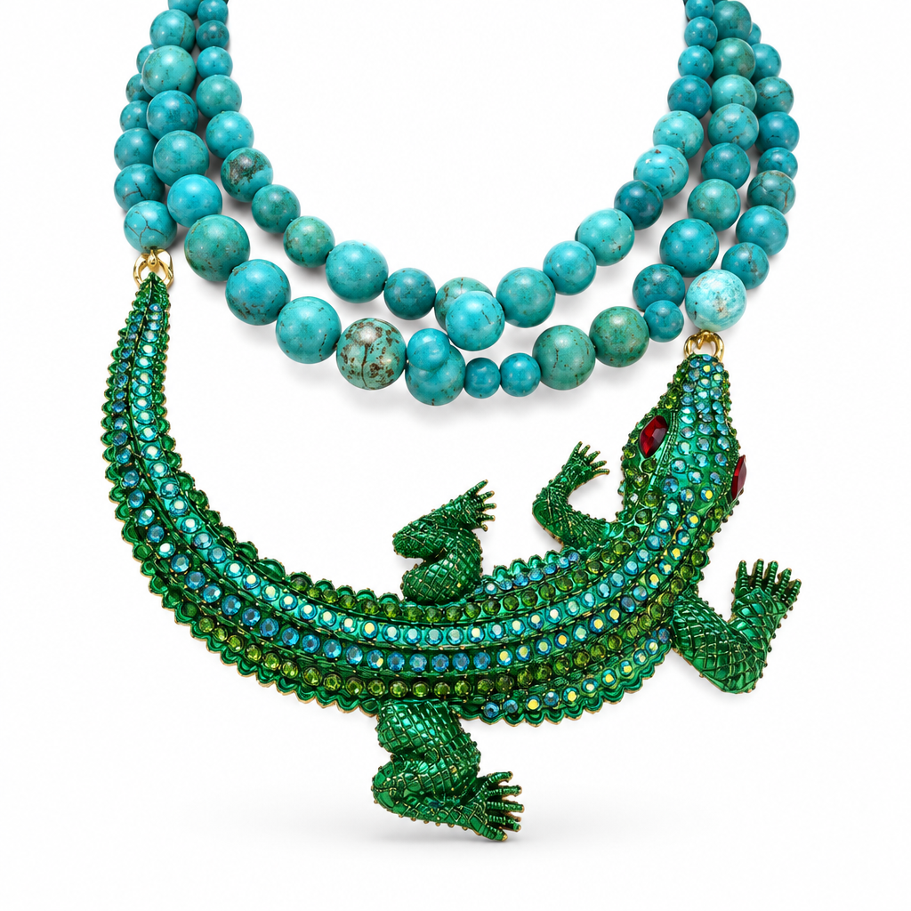 COLLECTION TOPAZE - COLLIER XXL TURQUOISE ET CROCODILE EN CRISTAUX VERTS