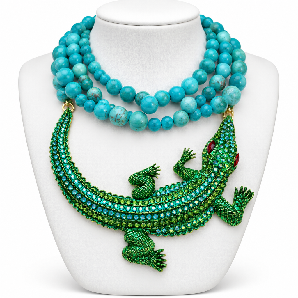 COLLECTION TOPAZE - COLLIER XXL TURQUOISE ET CROCODILE EN CRISTAUX VERTS