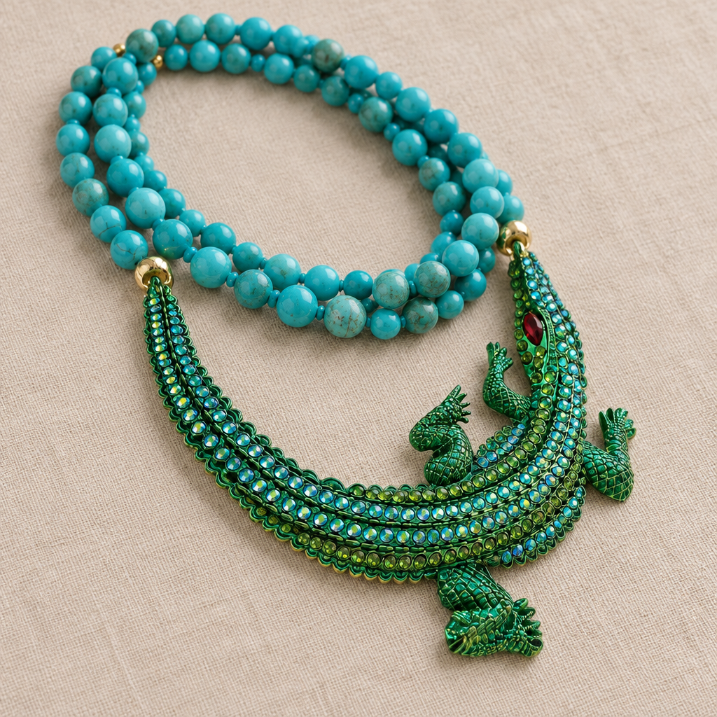COLLECTION TOPAZE - COLLIER XXL TURQUOISE ET CROCODILE EN CRISTAUX VERTS