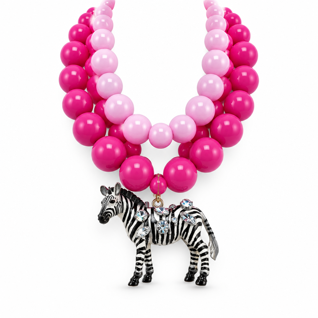 COLLECTION TOPAZE - COLLIER XXL GROSSES PERLES ROSES ET PENDENTIF ZEBRE