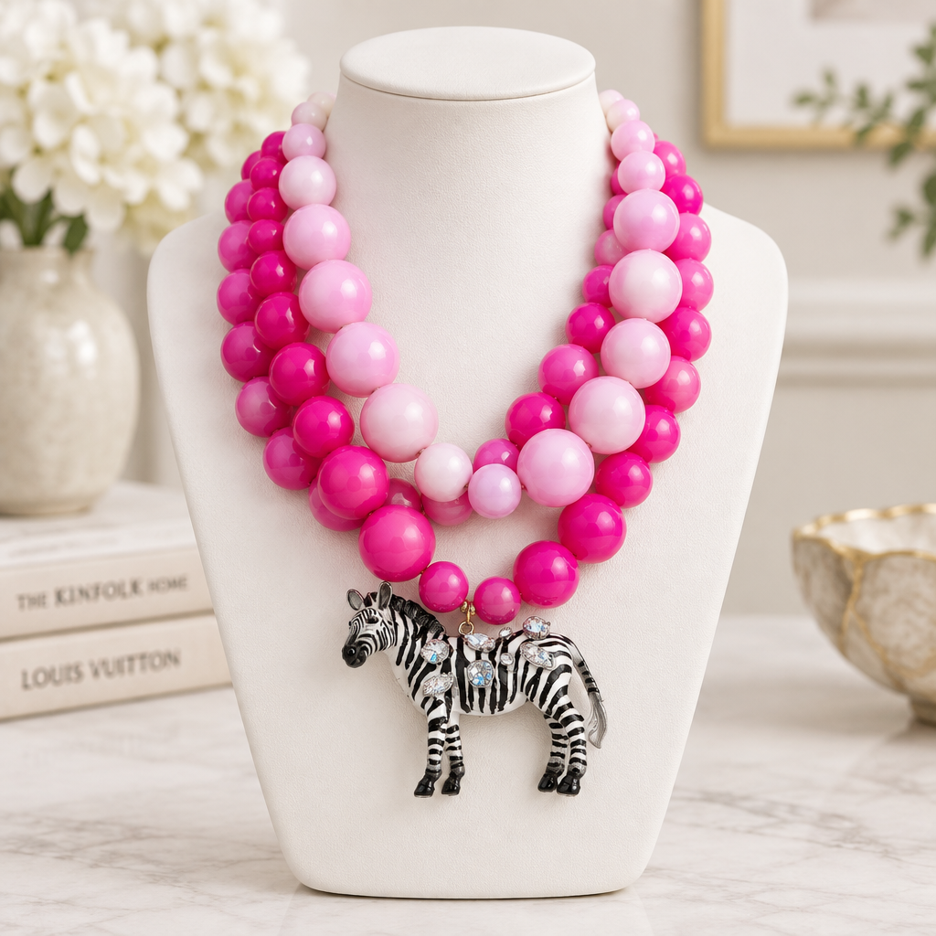 COLLECTION TOPAZE - COLLIER XXL GROSSES PERLES ROSES ET PENDENTIF ZEBRE