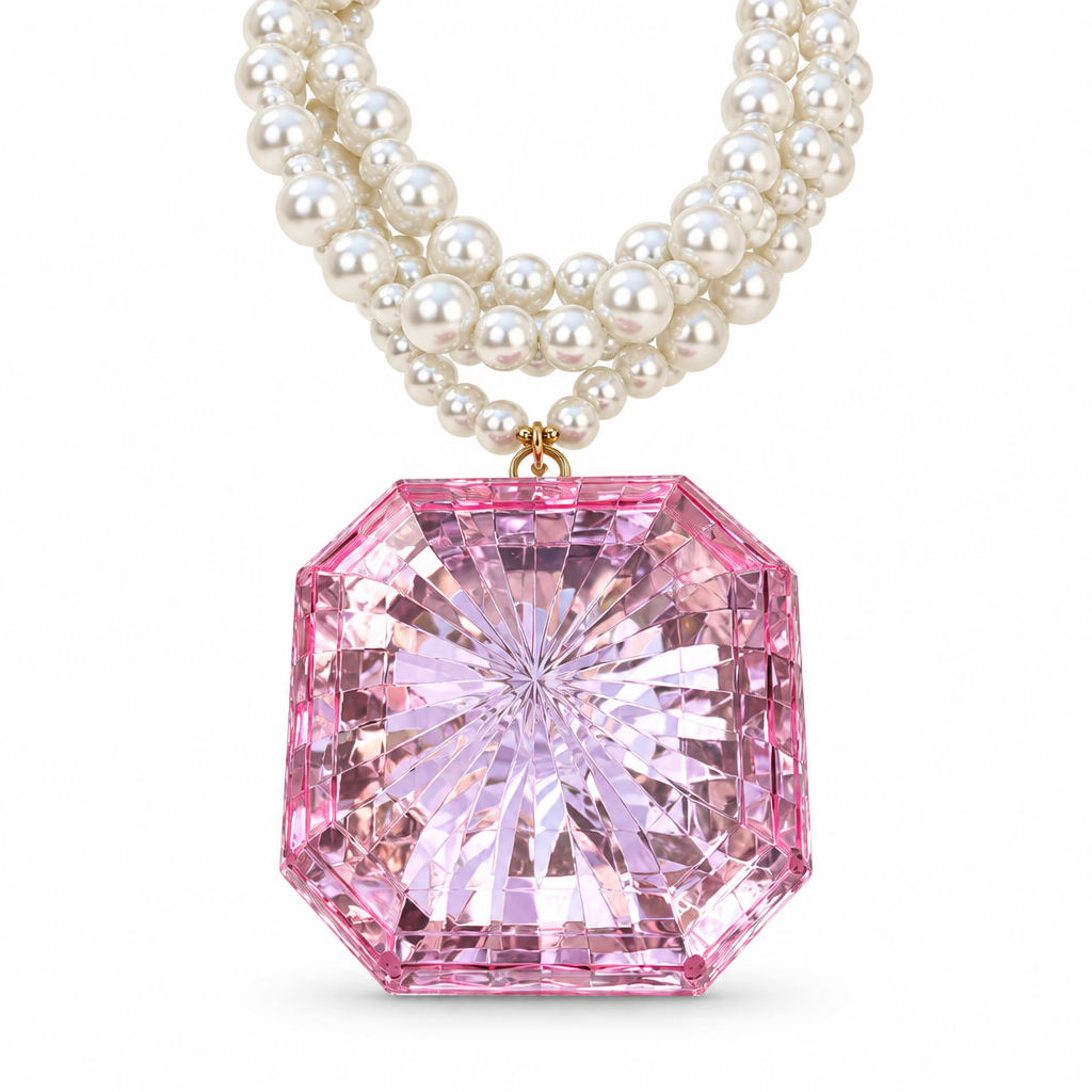 COLLECTION TOPAZE - COLLIER XXL - PERLES ET TRES GROS CABOCHON ACÉTATE CRISTAL ROSE