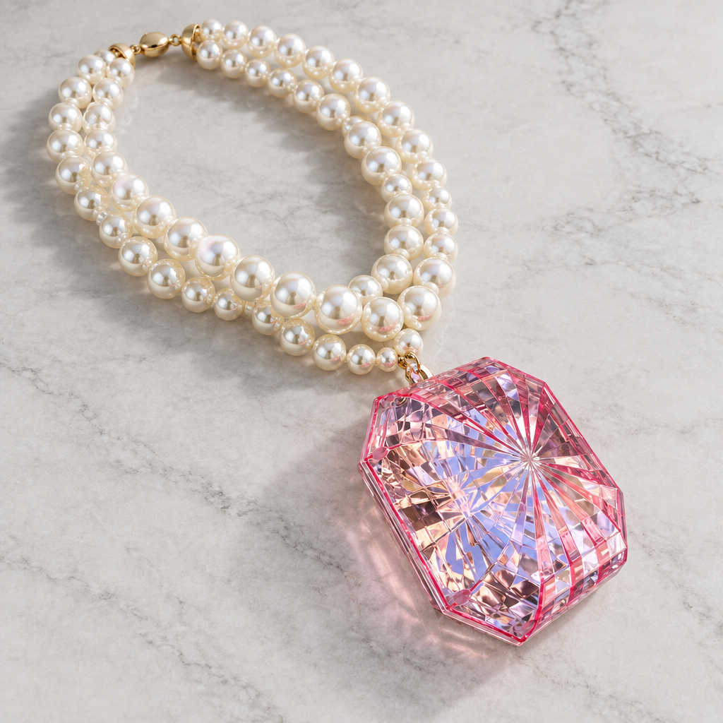 COLLECTION TOPAZE - COLLIER XXL - PERLES ET TRES GROS CABOCHON ACÉTATE CRISTAL ROSE
