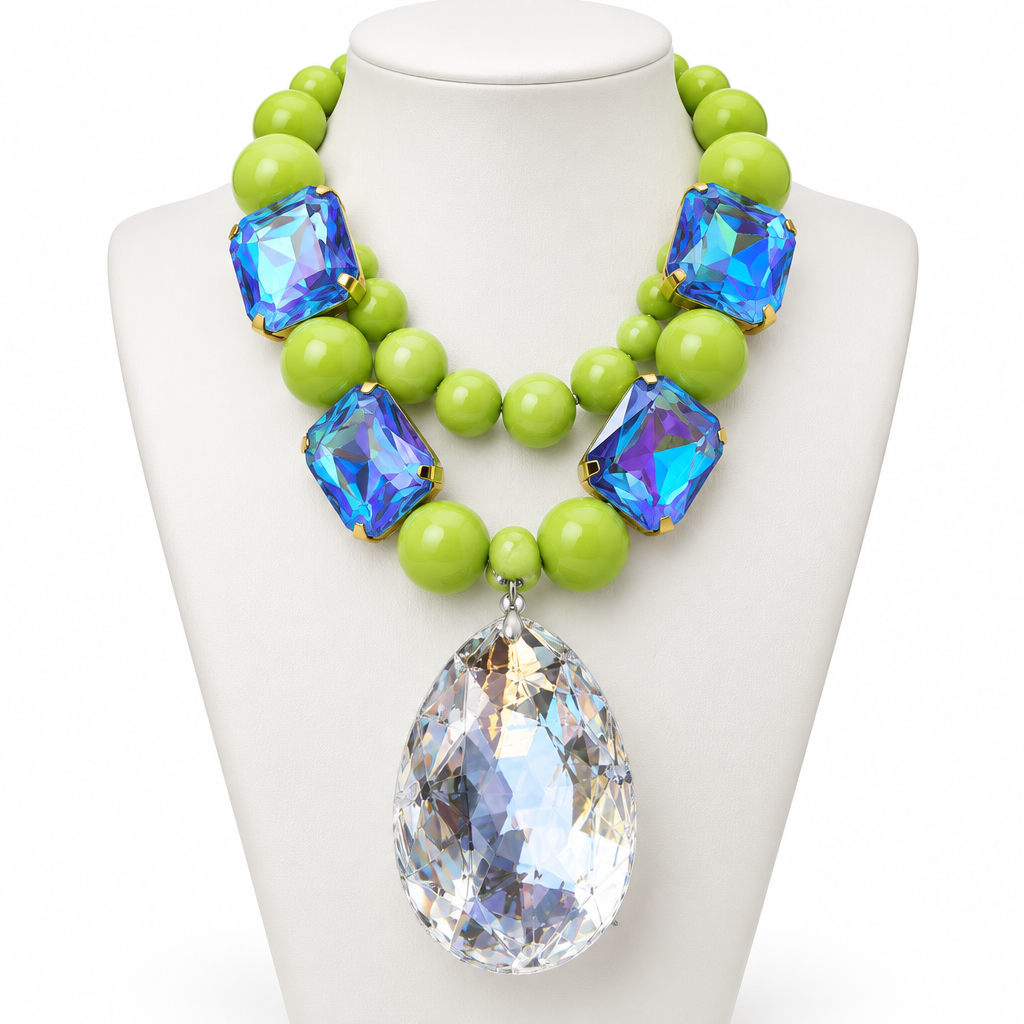 COLLECTION TOPAZE -  PERLES ANIS - CABOCHONS BLEUS ET PENDENTIF CRISTAL BLANC