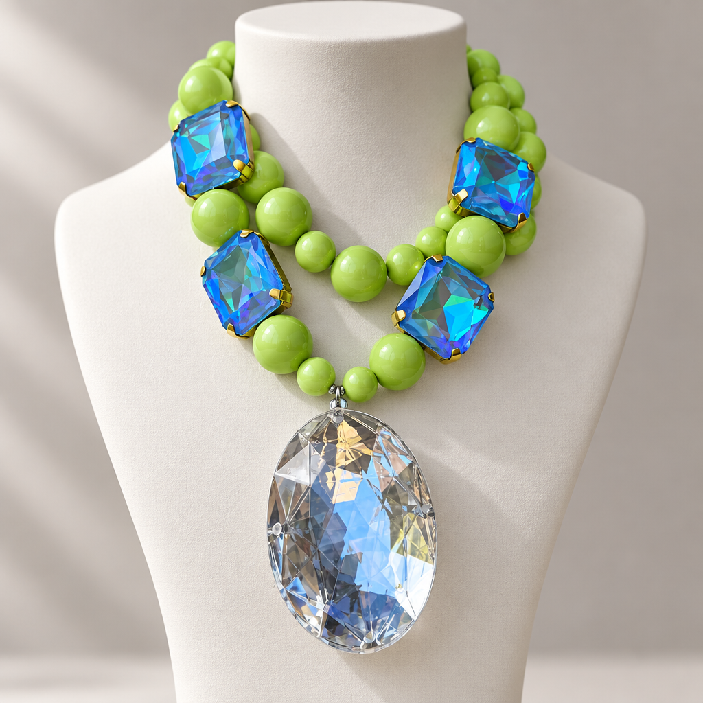 COLLECTION TOPAZE -  PERLES ANIS - CABOCHONS BLEUS ET PENDENTIF CRISTAL BLANC