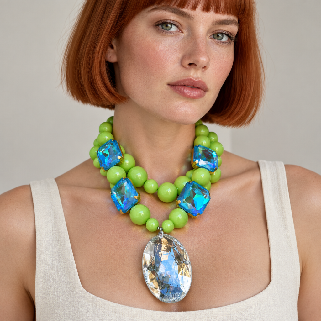 COLLECTION TOPAZE -  PERLES ANIS - CABOCHONS BLEUS ET PENDENTIF CRISTAL BLANC