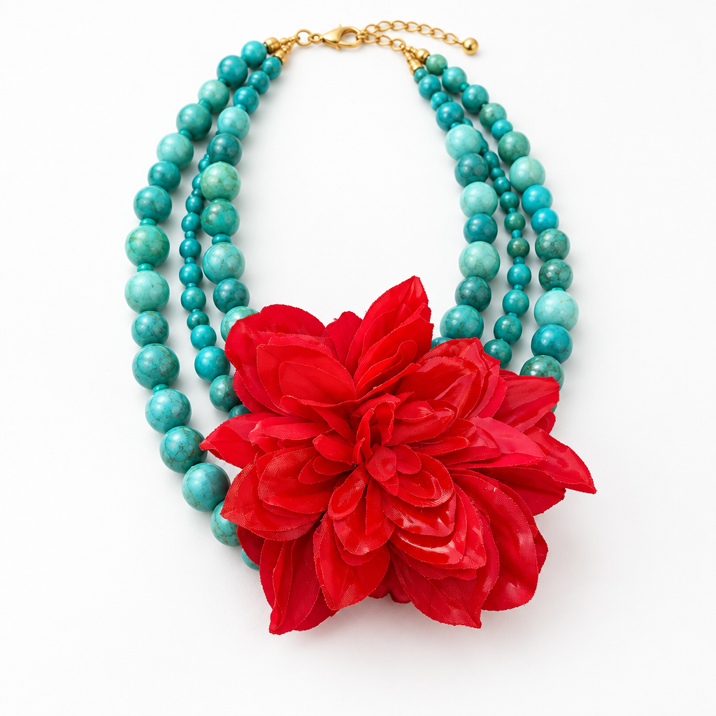 COLLECTION TOPAZE - COLLIER XXL - TURQUOISE ET FLEUR AMOVIBLE ROUGE