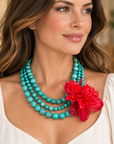 COLLECTION TOPAZE - COLLIER XXL - TURQUOISE ET FLEUR AMOVIBLE ROUGE