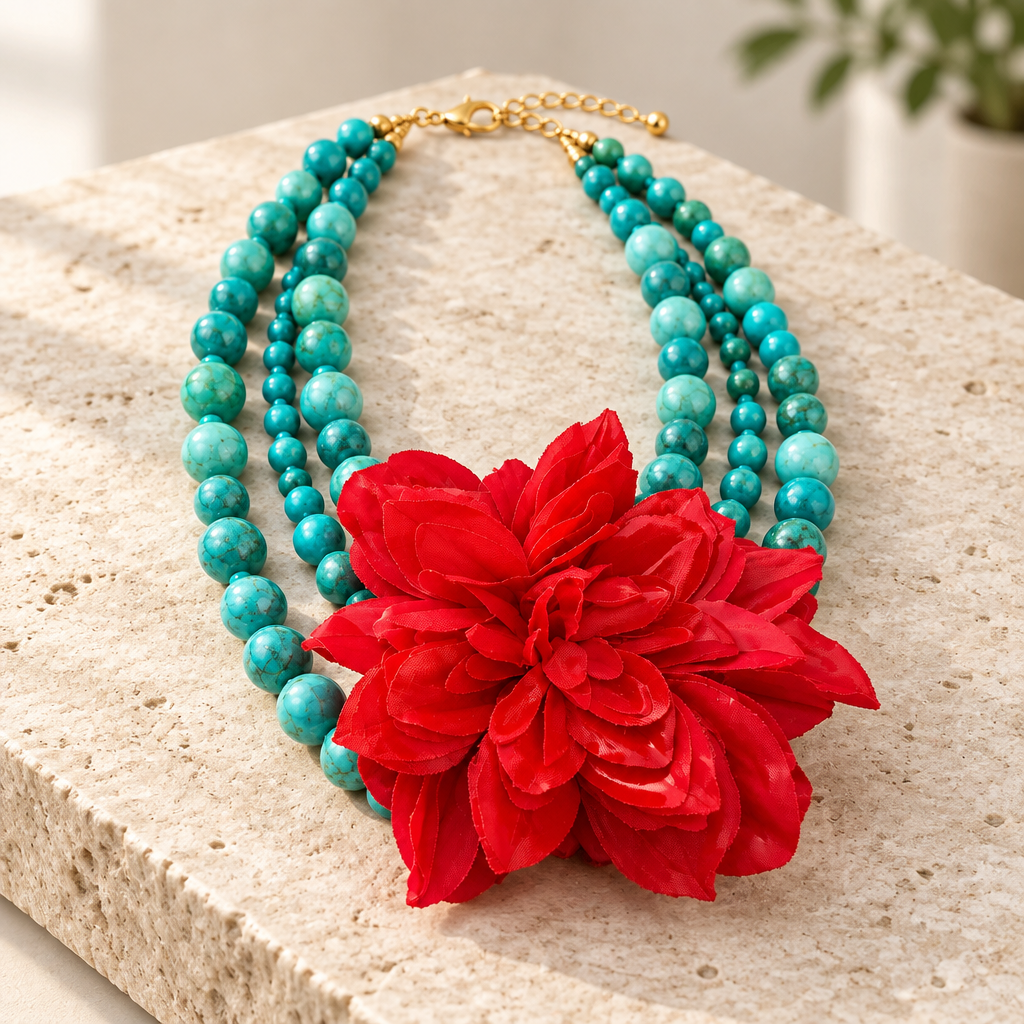COLLECTION TOPAZE - COLLIER XXL - TURQUOISE ET FLEUR AMOVIBLE ROUGE
