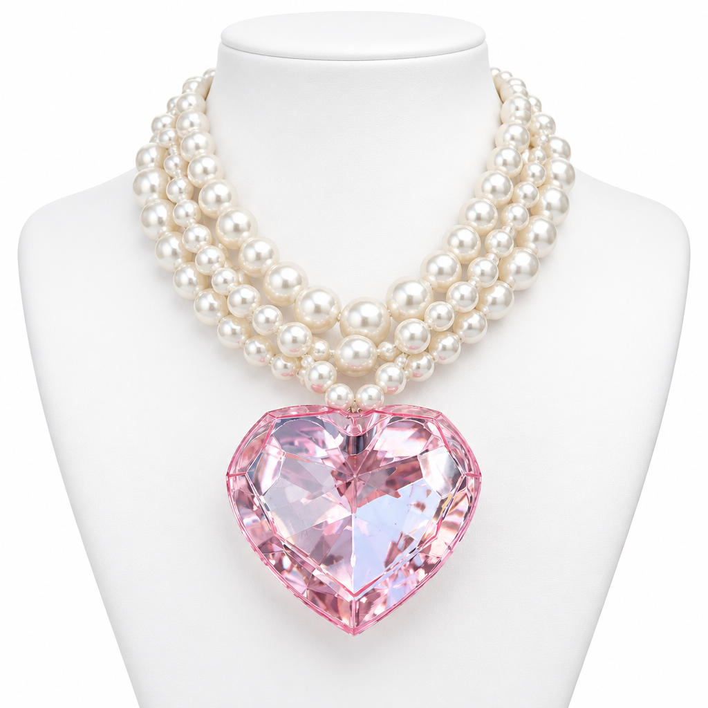COLLECTION TOPAZE - COLLIER XXL PERLES ET BIG COEUR ACÉTATE FACETTÉ ROSE PALE