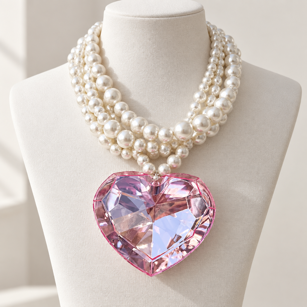 COLLECTION TOPAZE - COLLIER XXL PERLES ET BIG COEUR ACÉTATE FACETTÉ ROSE PALE