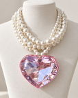 COLLECTION TOPAZE - COLLIER XXL PERLES ET BIG COEUR ACÉTATE FACETTÉ ROSE PALE