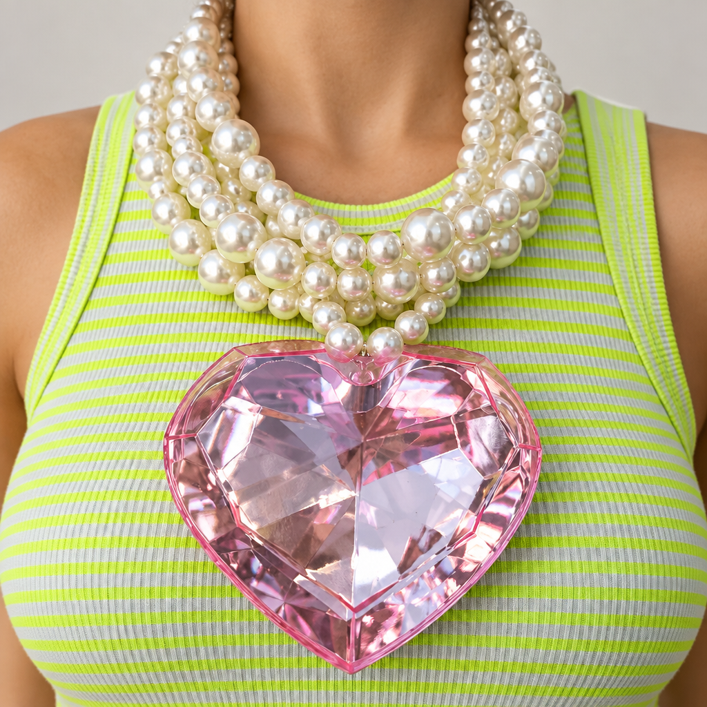 COLLECTION TOPAZE - COLLIER XXL PERLES ET BIG COEUR ACÉTATE FACETTÉ ROSE PALE