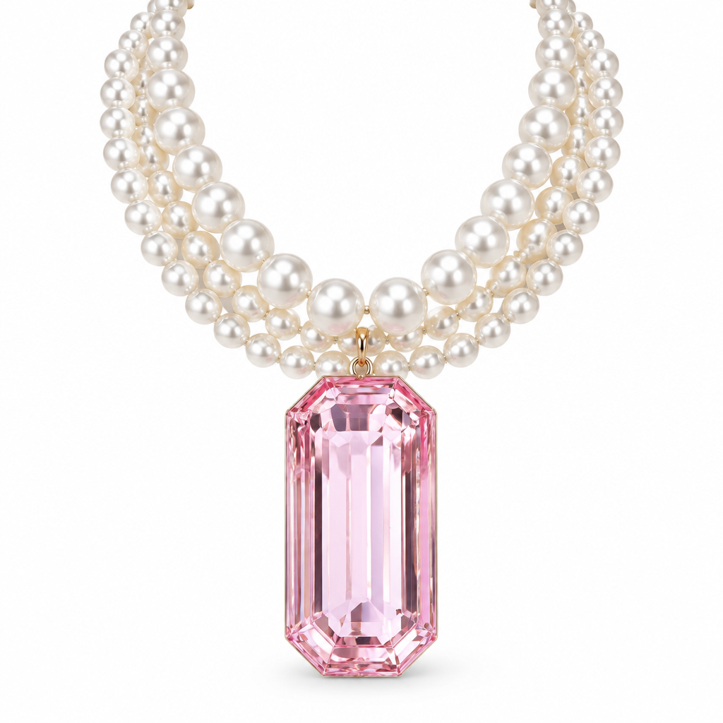 COLLECTION TOPAZE - COLLIER XXL - PERLES ET CABOCHON RECTANGLE FACETTÉ CRISTAL ROSE