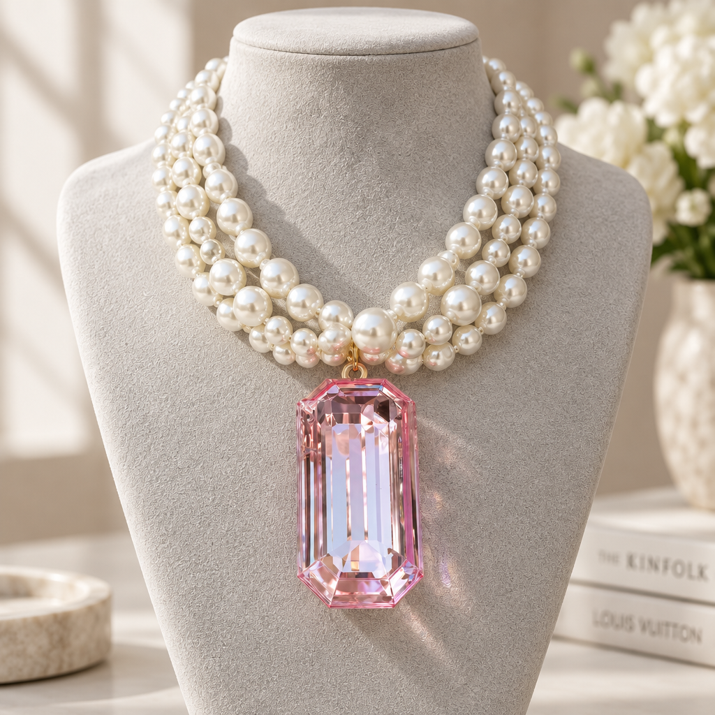 COLLECTION TOPAZE - COLLIER XXL - PERLES ET CABOCHON RECTANGLE FACETTÉ CRISTAL ROSE