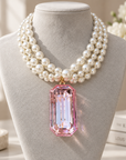 COLLECTION TOPAZE - COLLIER XXL - PERLES ET CABOCHON RECTANGLE FACETTÉ CRISTAL ROSE