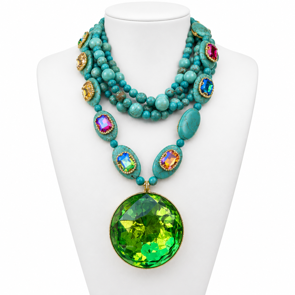 COLLECTION TOPAZE - COLLILER XXL - PERLES TURQUOISE - CABOCHONS MULTICOLORE - CABOCHON BIG ACETATE FACETTE VERT