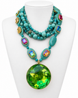 COLLECTION TOPAZE - COLLILER XXL - PERLES TURQUOISE - CABOCHONS MULTICOLORE - CABOCHON BIG ACETATE FACETTE VERT