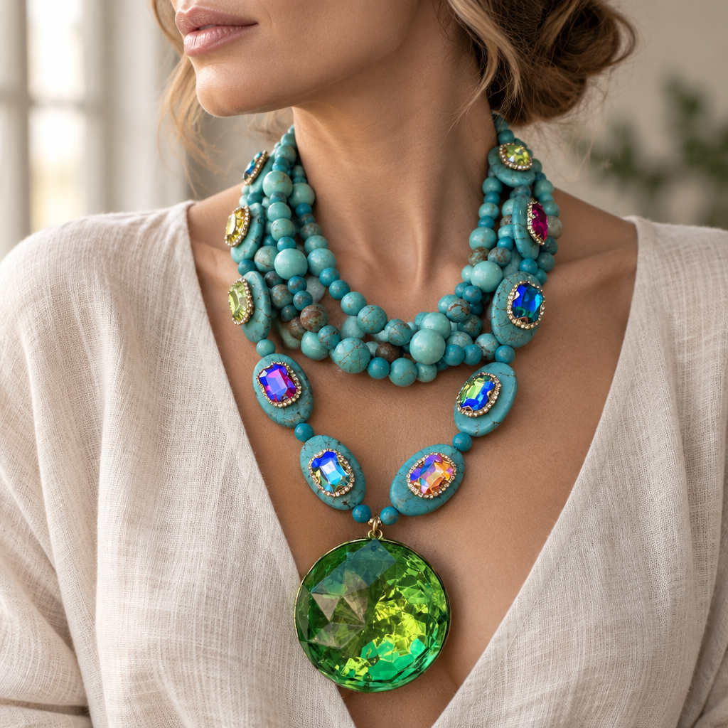 COLLECTION TOPAZE - COLLILER XXL - PERLES TURQUOISE - CABOCHONS MULTICOLORE - CABOCHON BIG ACETATE FACETTE VERT