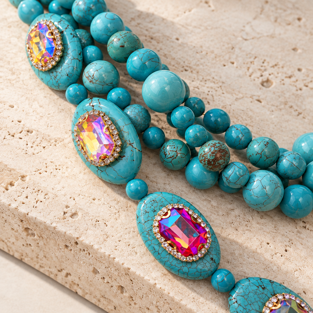 COLLECTION TOPAZE - COLLILER XXL - PERLES TURQUOISE - CABOCHONS MULTICOLORE - CABOCHON BIG ACETATE FACETTE VERT