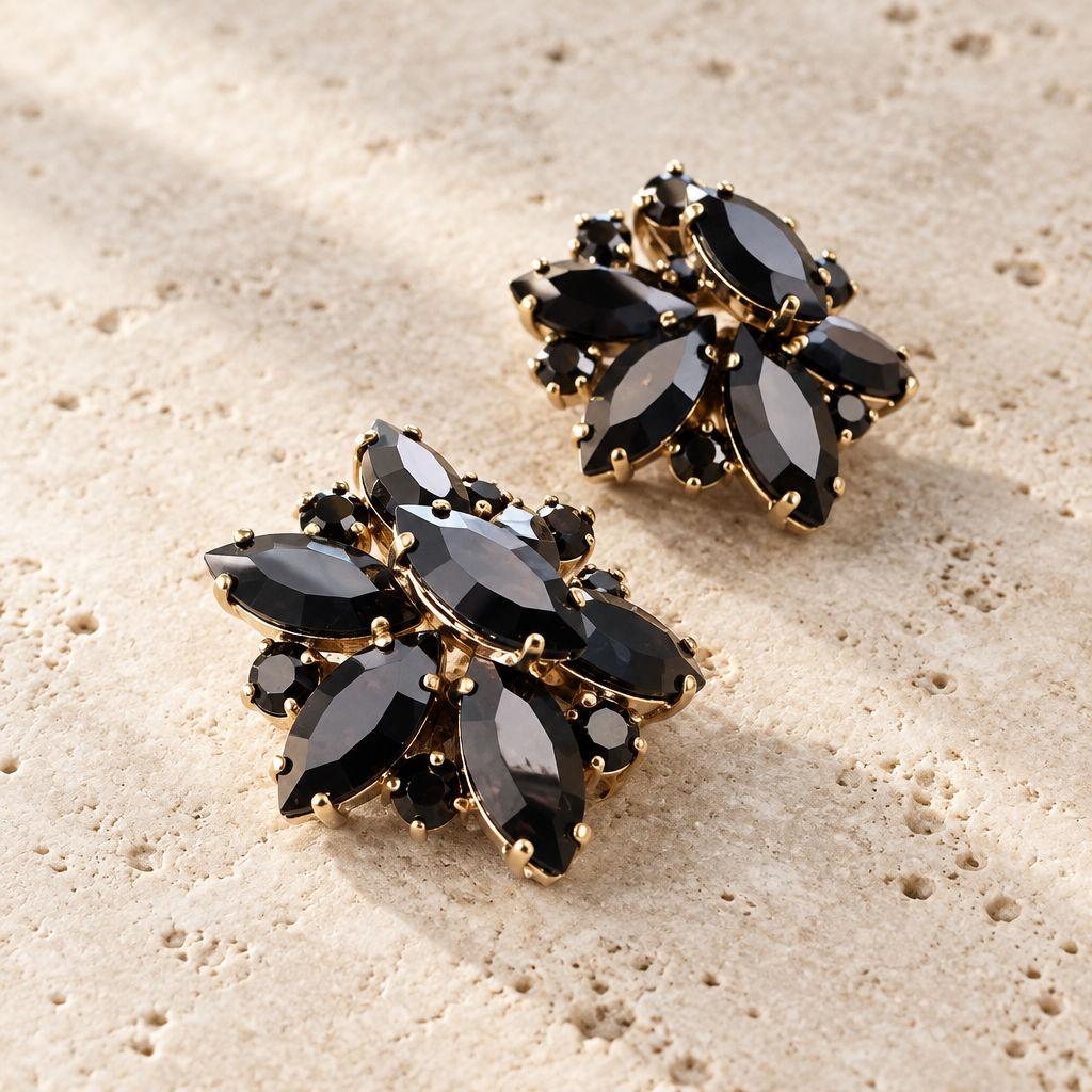 JORGINA - BOUCLES D'OREILLES DORÉES - CRISTAUX BLACK