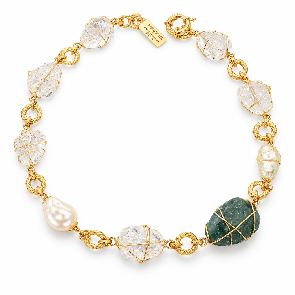 GAS BIJOUX - COLLIER RAINBOW DORÉE PETIT MODELE - CRISTAL DE ROCHE - VESSONITE - PERLE RESINE NACRÉE