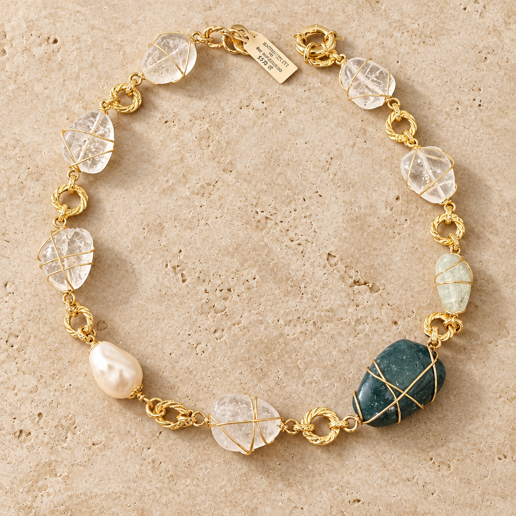 GAS BIJOUX - COLLIER RAINBOW DORÉE PETIT MODELE - CRISTAL DE ROCHE - VESSONITE - PERLE RESINE NACRÉE