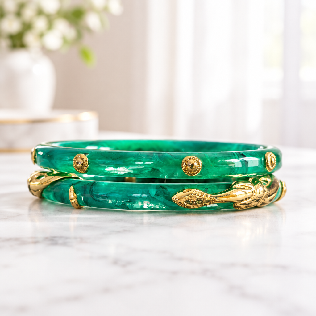 GAS BIJOUX - BRACELET JONC CAFTAN BIS - ACÉTATE VERT - METAL DORÉ