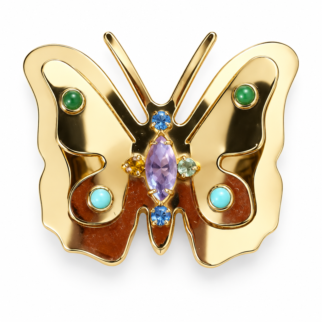 GAS BIJOUX - BROCHE PAPILLON DORÉE AVEC PIERRES ET CRISTAUX