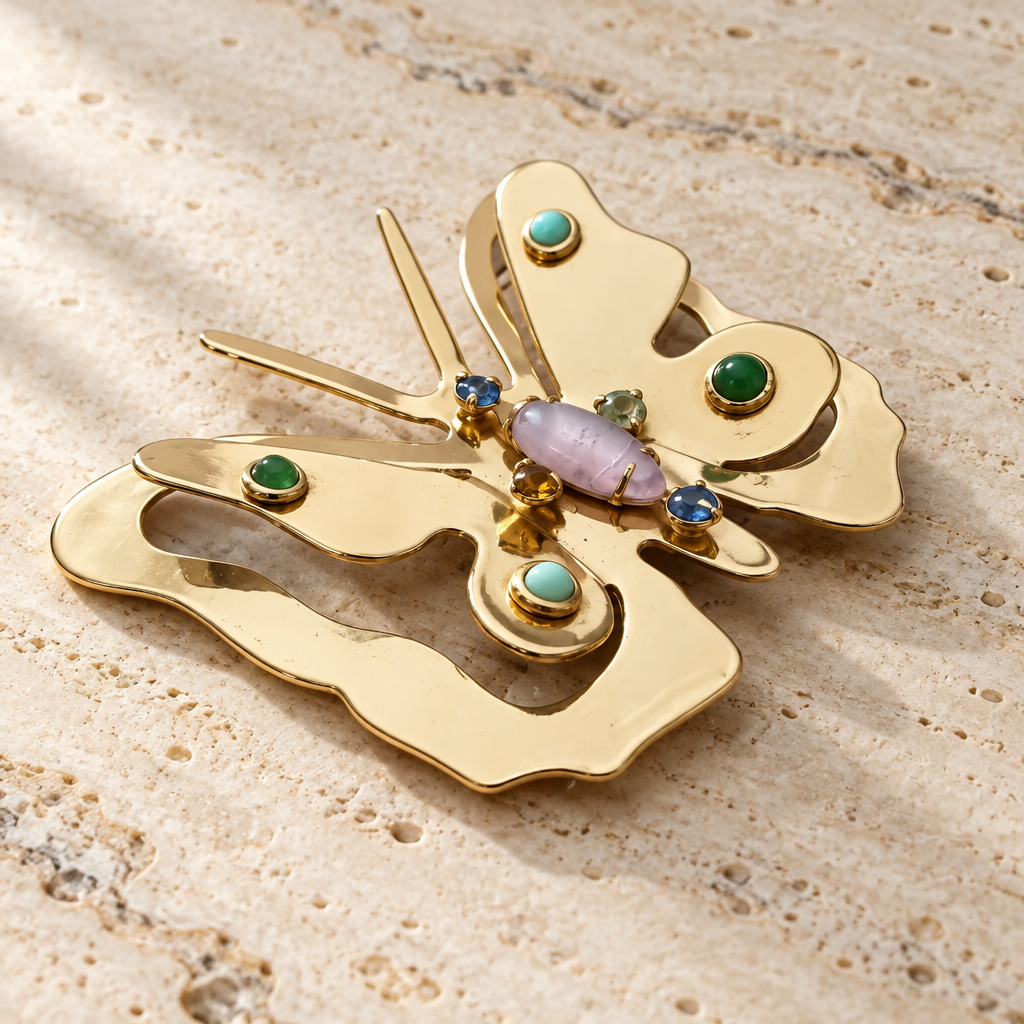 GAS BIJOUX - BROCHE PAPILLON DORÉE AVEC PIERRES ET CRISTAUX