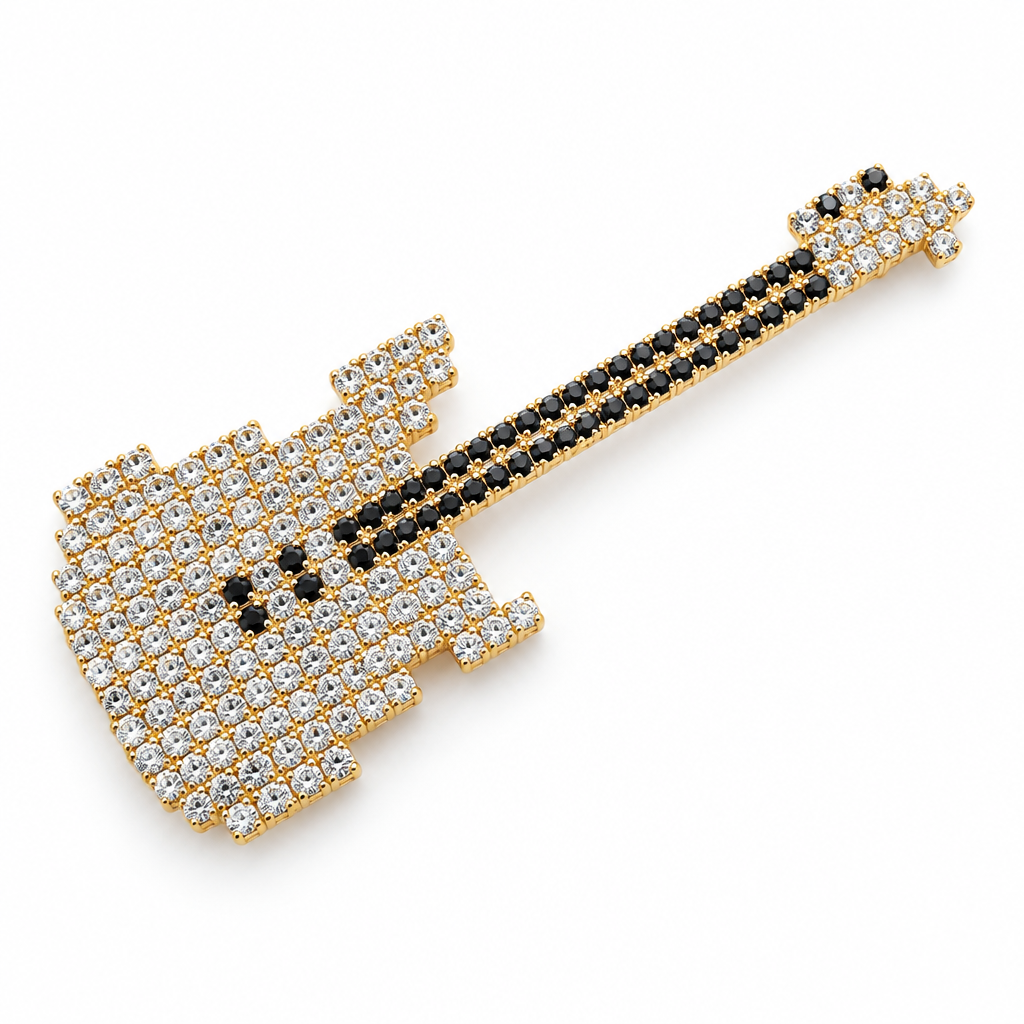 GAS BIJOUX - BROCHE GUITARE CRISTAUX BLANCS ET NOIRS - MÉTAL DORÉ