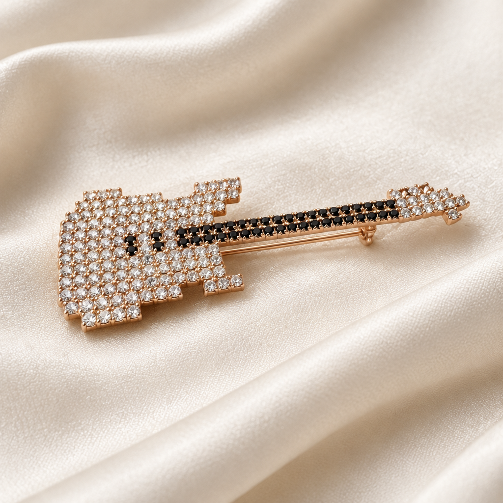 GAS BIJOUX - BROCHE GUITARE CRISTAUX BLANCS ET NOIRS - MÉTAL DORÉ