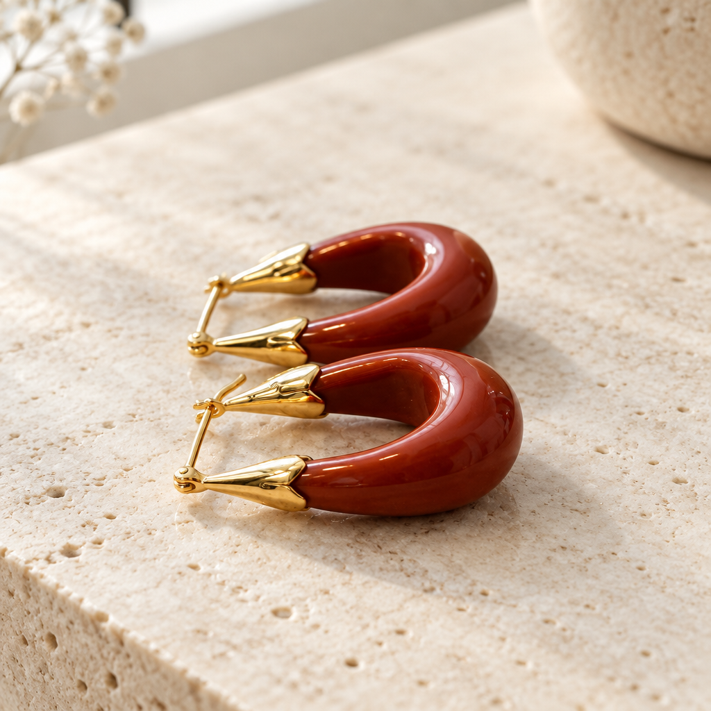 GAS BIJOUX - BOUCLES D'OREILLES ECUME PETIT MODELE MÉTAL DORÉ - ACETATE TERRACOTA