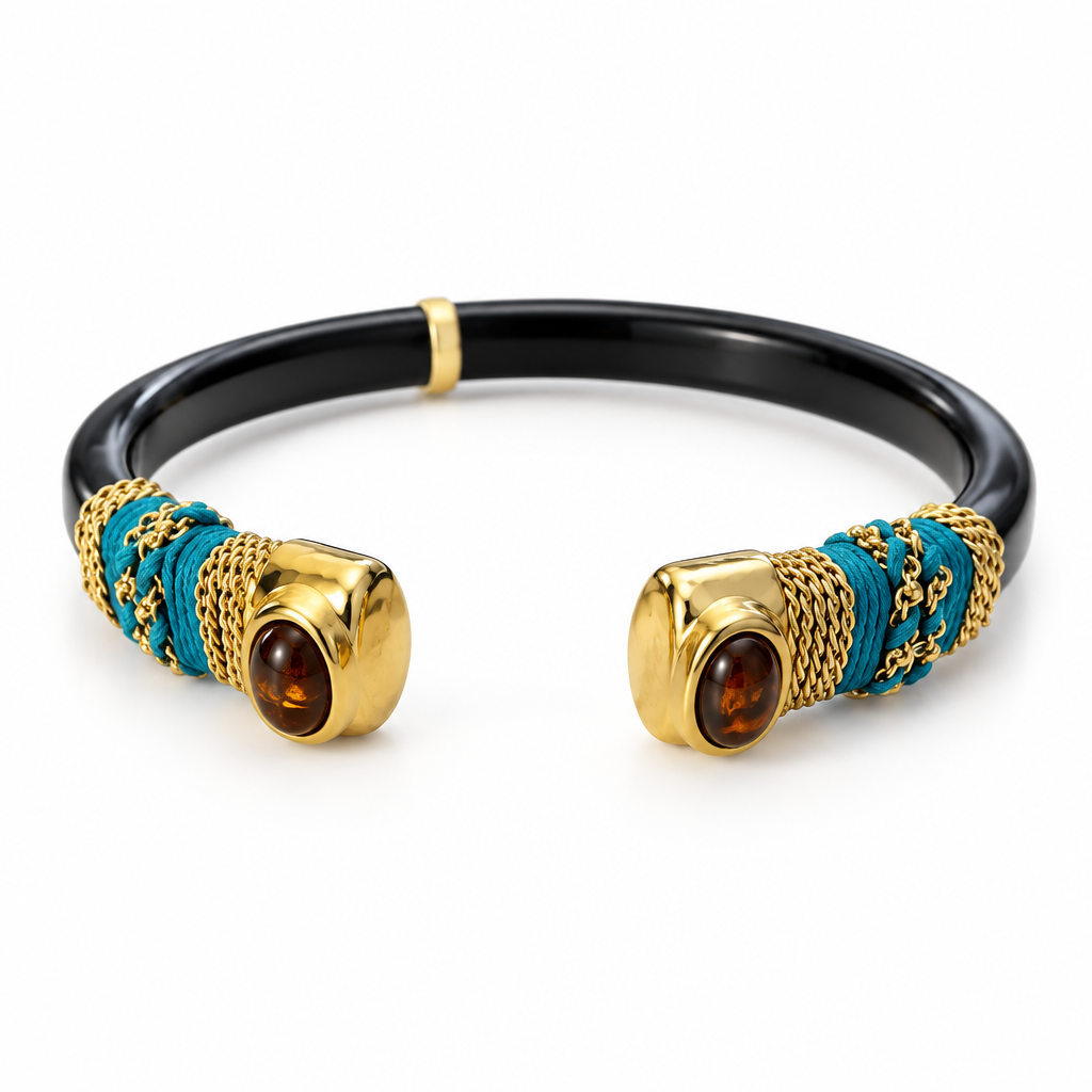 GAS BIJOUX - BRACELET SARINA BIS ACÉTATE NOIR - MÉTAL DORÉ - OEIL DE TIGRE - TAILLE 1