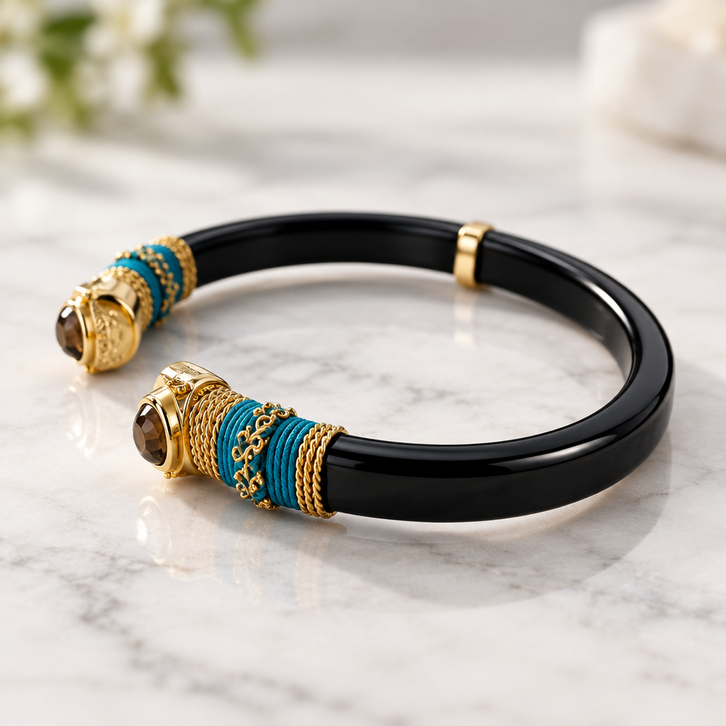 GAS BIJOUX - BRACELET SARINA BIS ACÉTATE NOIR - MÉTAL DORÉ - OEIL DE TIGRE - TAILLE 1