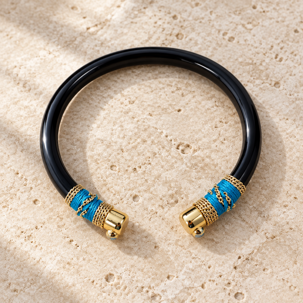 GAS BIJOUX - BRACELET SARINA BIS ACÉTATE NOIR - MÉTAL DORÉ - OEIL DE TIGRE - TAILLE 1