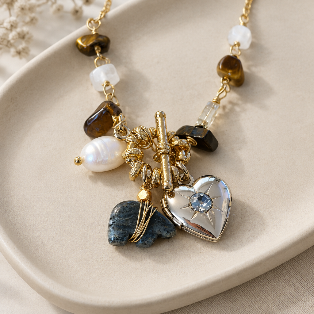 GAS BIJOUX - COLLIER GIPSY CHARMS - METAL DORE - PIERRES NATURELLES
